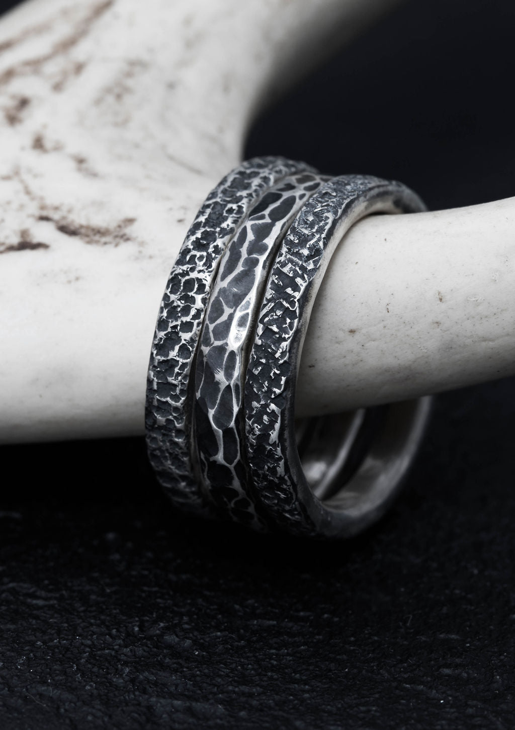 Nornir - Large textured stacking rings in solid sterling silver