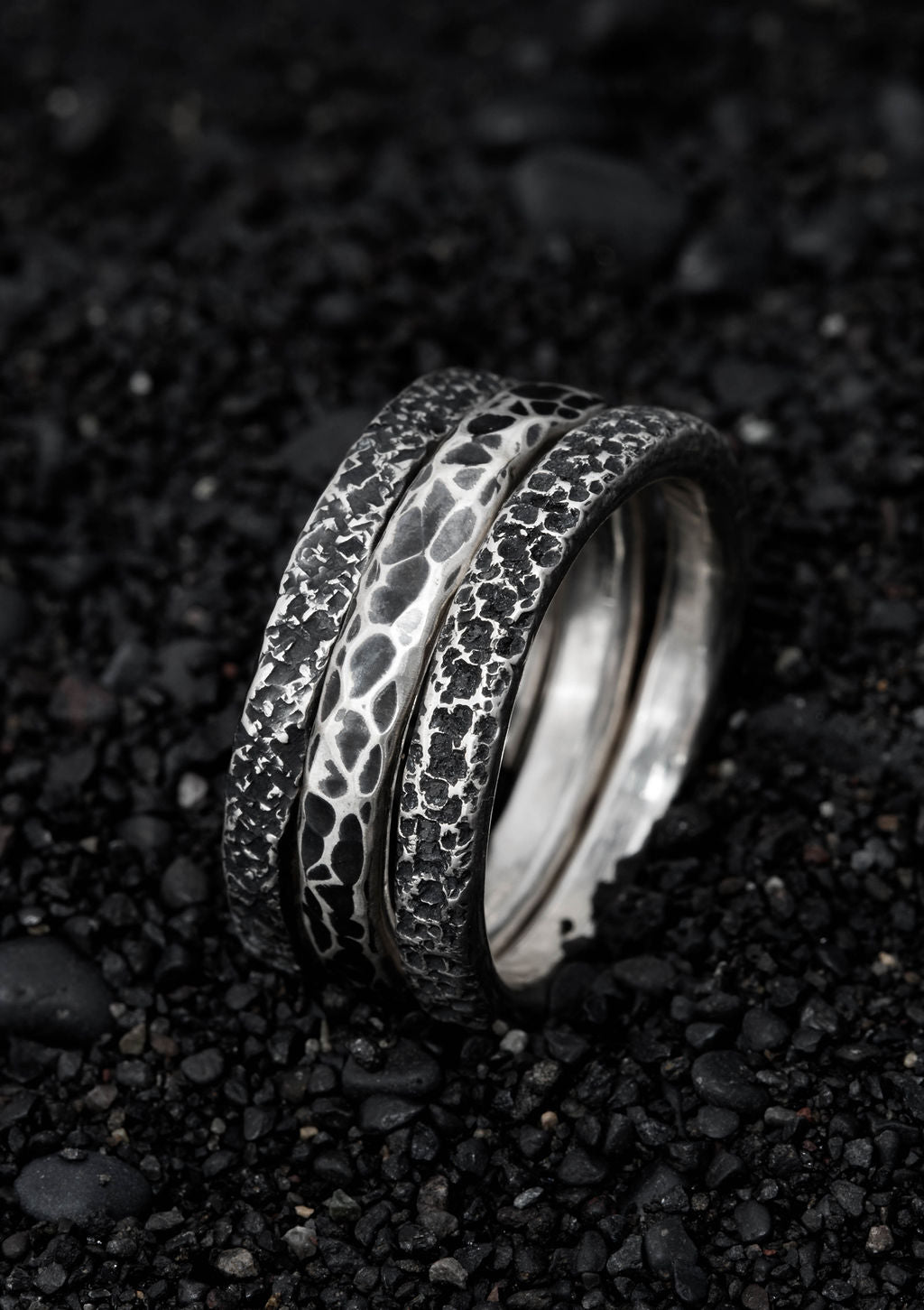 Nornir - Large textured stacking rings in solid sterling silver