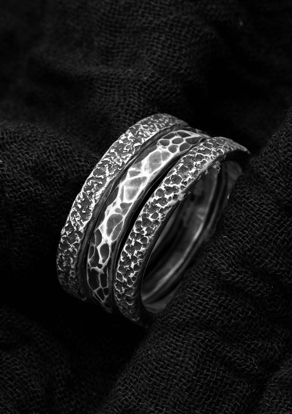 Nornir - Large textured stacking rings in solid sterling silver